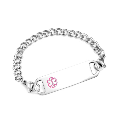 Stainless Chain Bracelet & Pink Medical Tag 5 1/2 Inch