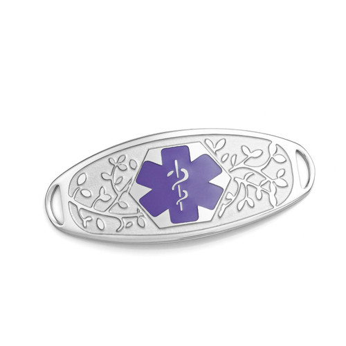 Fancy 3D Medical ID Tag with Purple Symbol Stainless-SEA7003, stainless steel medical ID tag featuring a purple medical symbol with a floral design around it.