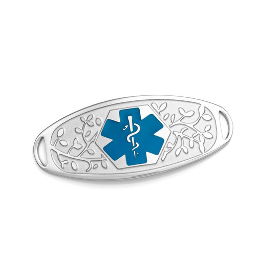 Fancy 3D Medical ID Tag with Blue Symbol Stainless-SEA7005, stainless steel medical alert ID tag with intricate floral cutout design and a prominent blue medical symbol in the center.