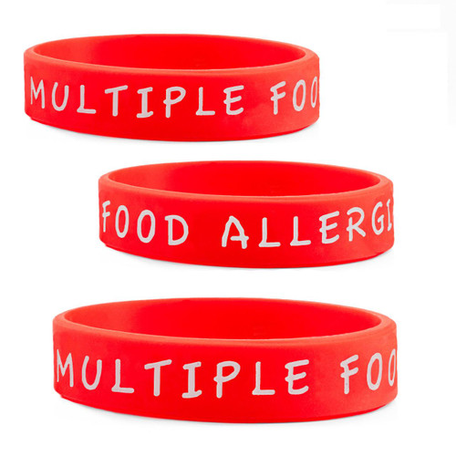 Multiple Food Allergies Bracelet for Kids - 3 Pack - Small, red silicone bracelets with white text indicating food allergies for children to wear for allergy awareness.