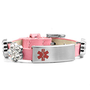Pink Leather Bracelet with Crystal Flowers - Medical ID
