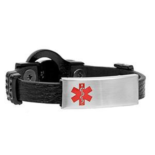 Black Leather Bracelet with Studded Buckle - Medical ID-AA5016, stylish black leather bracelet featuring a stainless steel medical ID tag with a red medical symbol.