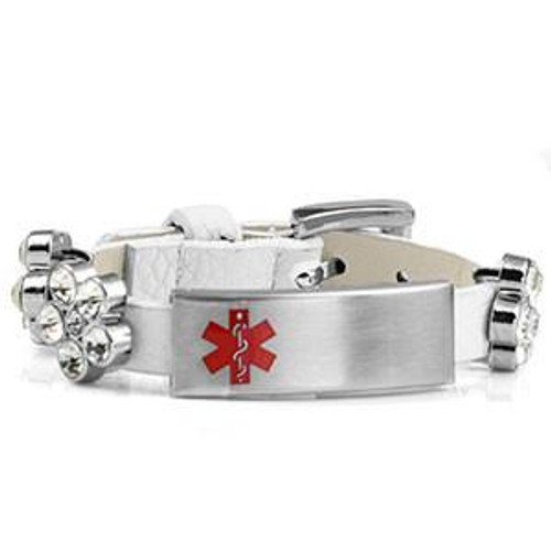 White Leather Bracelet with Crystal Flowers - Medical ID-AA5020, stylish medical alert bracelet featuring white leather band, crystal flower decorations, and medical alert symbol.