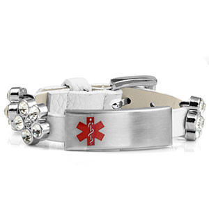 White Leather Bracelet with Crystal Flowers - Medical ID
