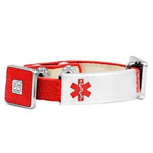 Red Leather Bracelet with Crystal Squares - Medical ID - HSKU:2033-AA5028, stylish red leather medical alert bracelet featuring crystal square accents and a silver medical ID plate.
