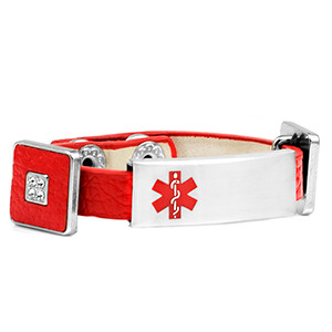 Red Leather Bracelet with Crystal Squares - Medical ID - HSKU:2033