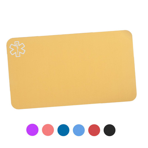 Engraved Aluminum Medical ID Wallet Card-CBA2007C, yellow emergency medical identification wallet card with medical symbol in the top left corner.