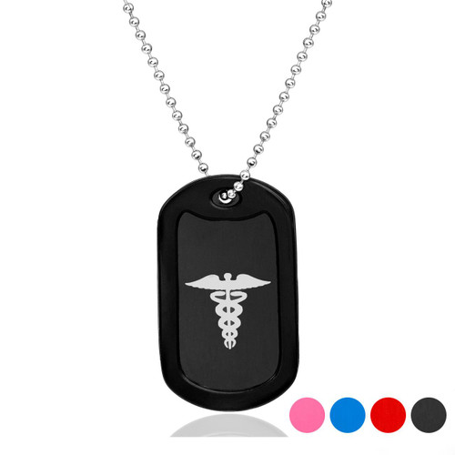 Splashes of Color Medical Dog Tags with Silencer-AA1476C, black dog tag featuring a white medical caduceus symbol on a silver chain.