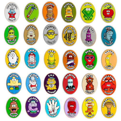 Medical Alert Buttons for Allergies and Specific Conditions-AA7337C, colorful cartoon-themed allergy alert pins depicting various allergens such as peanut, soy, fish, eggs, dairy, and more.