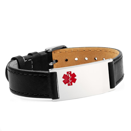 Boston Black Leather & Stainless Watch Style Medical Bracelet