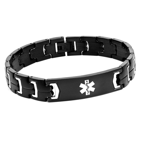 Jet Black Medical Alert Stainless Bracelet for Men 8.5 In-TRJ1038, a sleek black stainless steel medical alert bracelet with a medical symbol engraved on the front.