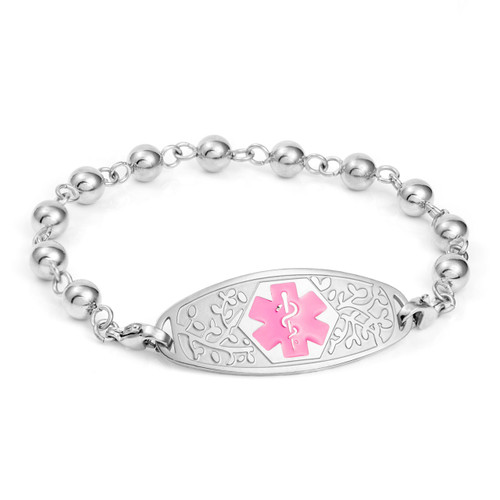 Silver Beaded Medical ID Bracelet with Pink Tag