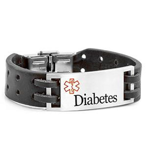 Bravo Black Sport Leather Diabetes ID 7 inch-EF1009D, a black leather sport bracelet with a silver metal plate engraved with 'Diabetes' and a medical symbol.