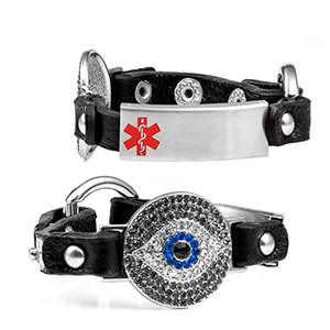 Black Lucky Watching Eye Leather Bracelet with Crystal Design - Medical ID - HSKU:2030-B