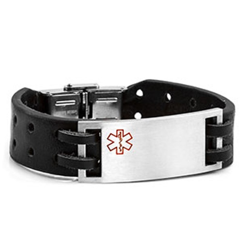 Seven Inch Bravo Black Leather Medical ID Bracelet