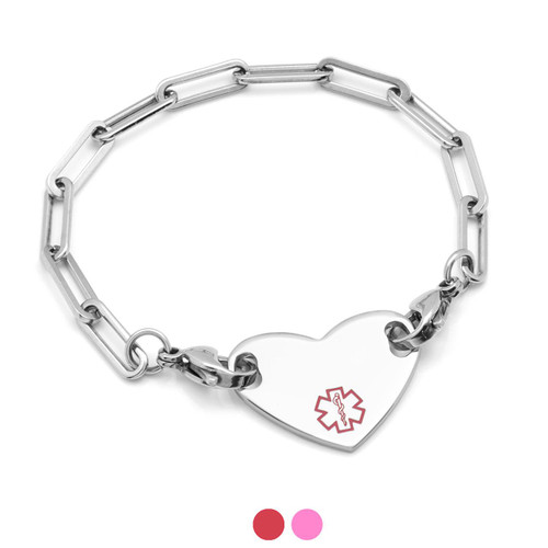 Paper Clip Chain and Heart Tag Medical Bracelets for Women-AA7377C, a silver bracelet featuring paperclip chain design with a heart-shaped tag engraved with a medical symbol.