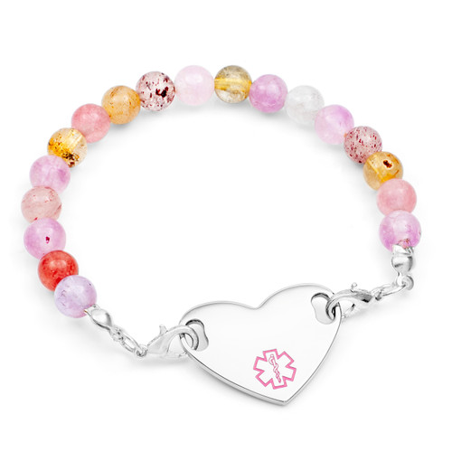 Pastel Crystal Beaded Medical Alert  Bracelet with Heart Tag