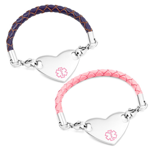 Pink or Purple Leather Heart Tag Medical Bracelet for Kids