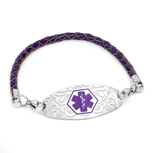 Braided Purple Leather Medical Bracelets for Women