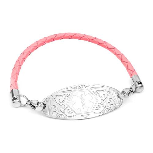 Pink Leather Medical Alert Bracelets for Women-AA7384C, a stylish pink braided leather bracelet with a medical alert charm engraved with a medical symbol and intricate designs.