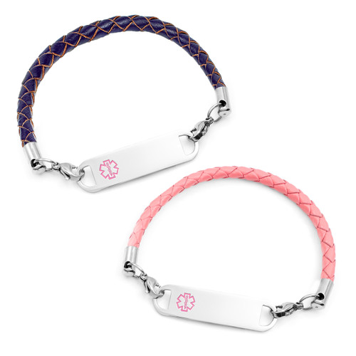 Pink or Purple Leather Medical Bracelet for Kids