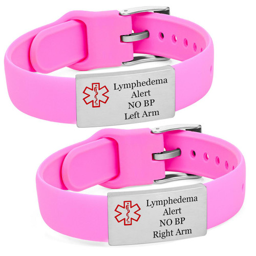 Adjustable Pink Silicone Lymphedema Bracelets, pair of pink silicone bracelets with metal clasps and medical alert tags indicating 'Lymphedema Alert NO BP' for Left Arm and Right Arm.