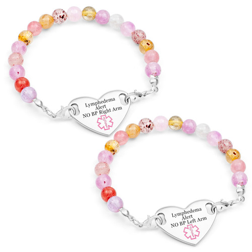 Pink Beaded Lymphedema Bracelets with Heart Tag