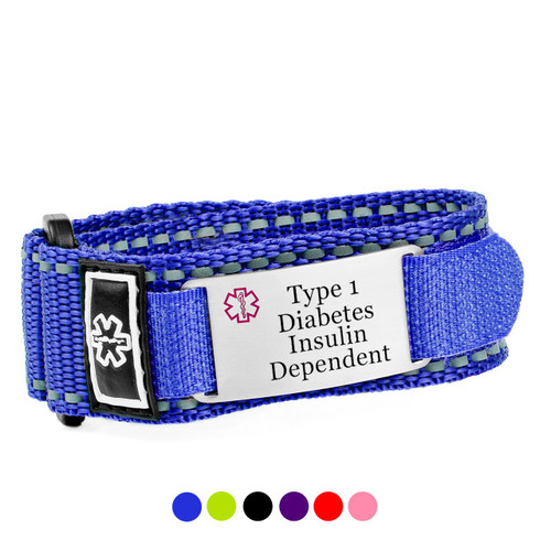 Sport Strap Type 1 Diabetes Medical ID Bracelets - Blue adjustable medical ID bracelet with a tag indicating insulin dependence and diabetes information.