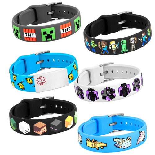 Custom Engraved Tag with Six Interchangeable Minecraft Designed Straps - Bundle 1