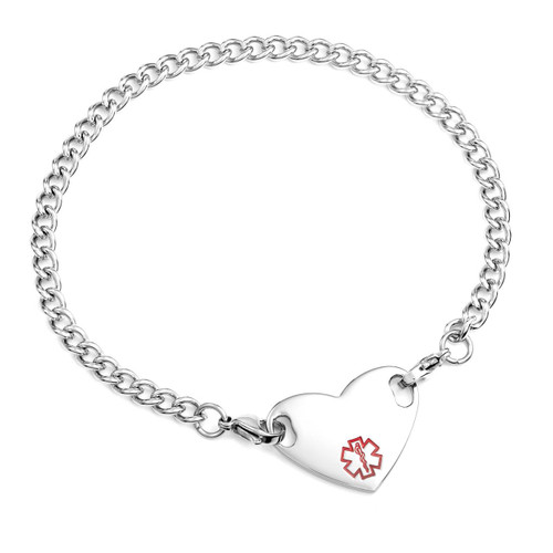 Stainless Steel Heart Tag Medical ID Jewelry Anklets-CR2133C, a stainless steel anklet with heart-shaped pendant featuring a red medical alert star of life symbol
