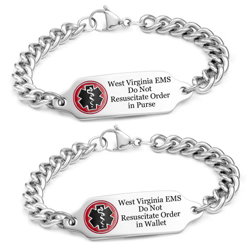 West Virginia EMS Do Not Resuscitate Bracelet - DNR in Wallet or Purse, stainless steel bracelet with engraved tag displaying EMS symbol and medical order for DNR in wallet or purse.