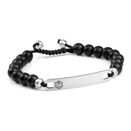 Black Wood Beaded Medical Bracelet for Men
