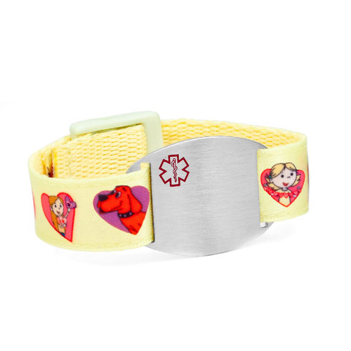 Clifford Medical ID Bracelet for Kids, yellow fabric bracelet with cartoon characters and a medical alert tag with engraving space and medical symbol.