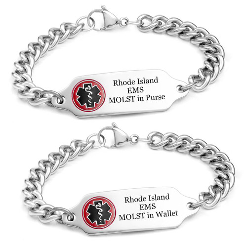 Rhode Island EMS MOLST Bracelet-CR5525RIC, stainless steel bracelet with engraved medical information and EMS symbol for emergency medical service identification.