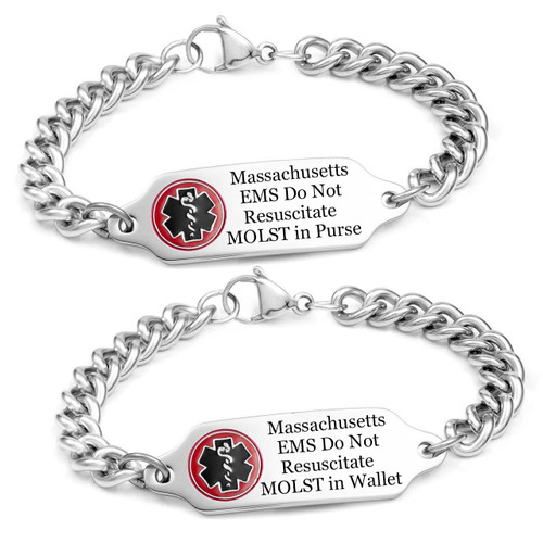 Massachusetts DNR MOLST EMS Bracelet-CR5263DNMAC, silver medical alert bracelet with engraved text and EMS symbol for emergency medical information.