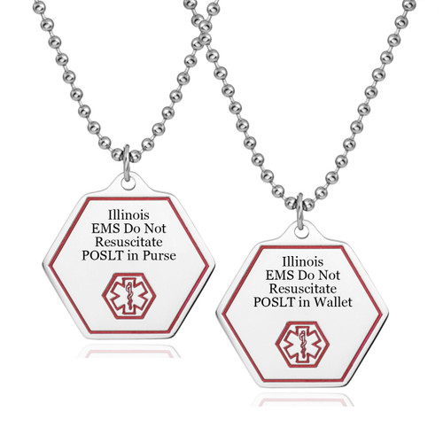 Illinois DNR POLST Pendant-CR5285PNILC, Medical alert pendants with engraved messages indicating 'Illinois EMS Do Not Resuscitate POSLT in Purse' and 'Illinois EMS Do Not Resuscitate POSLT in Wallet' on hexagon-shaped charms hanging from ball chain necklaces.