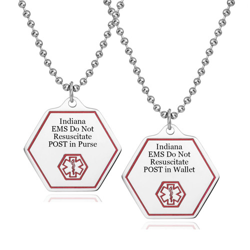 Indiana DNR POST Pendant, metal chain with two rescue alert tokens featuring emergency medical service instructions for resuscitation in purses or wallets.