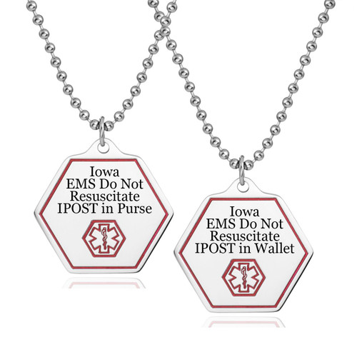 Iowa DNR IPOST Pendant-CR5247PNIAC, two metal pendants with red border and medical symbol, indicating EMS do not resuscitate instructions for Iowa residents.