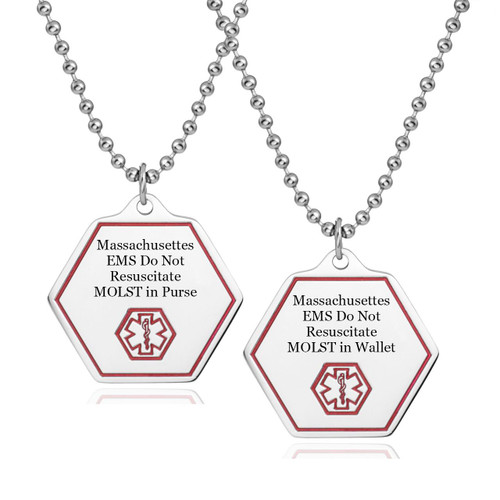 Massachusetts DNR MOLST Pendant-CR5263PNMAC product, two medical alert pendants with detailed inscriptions indicating Do Not Resuscitate (DNR) and MOLST instructions for emergency medical services, attached to metal ball chains.