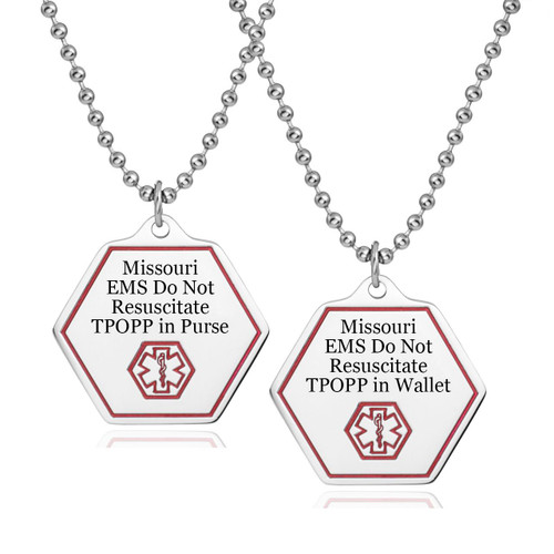 Missouri DNR TPOPP Pendant-CR5233PNMOC, two metal medical alert pendants with engraved emergency medical instructions and red border hexagon shapes with medical symbol.