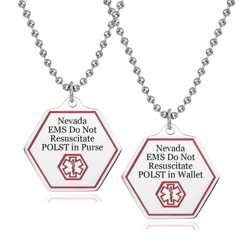 Nevada DNR POLST Pendant-CR5470PNNVC, medical alert pendants with engraved messages indicating Do Not Resuscitate and POLST instructions for emergency medical responders.
