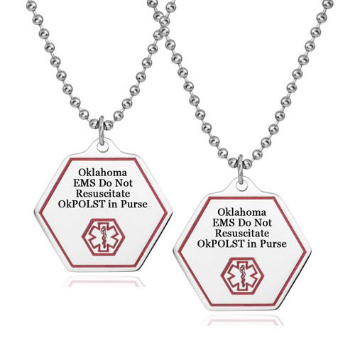 Oklahoma DNR OkPOLST Pendant-CR5500PNOKC, dual medical alert pendants with engraved messages indicating EMS does not resuscitate and OkPOLST in purse, featuring a hexagon shape with red border and medical symbol.