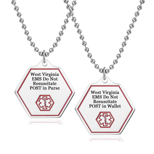 West Virginia DNR POST Pendant-CR5520PNWVC, two medical alert pendants with chain necklaces featuring hexagon-shaped tags displaying EMS Do Not Resuscitate instructions in black text with red borders and medical symbol icons.