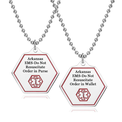 Arkansas DNR Pendant, silver-colored necklace with two hexagonal-shaped pendants displaying EMS instructions and a red medical symbol.