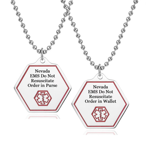Nevada DNR Pendant-CR5470PNNV1C, two necklaces with hexagonal pendants displaying EMS instructions, 'Nevada EMS Do Not Resuscitate Order in Purse' and 'Nevada EMS Do Not Resuscitate Order in Wallet'.