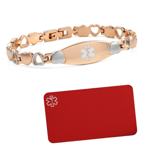 Rose Gold Heart Medical Bracelet plus Engraved Wallet Card