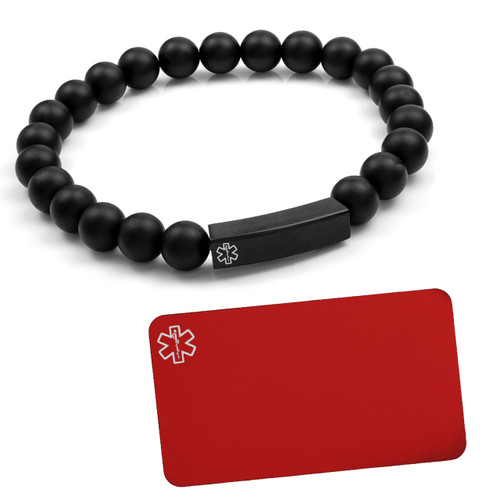 Black Beaded Stretch Medical Bracelet plus Engraved Wallet Card