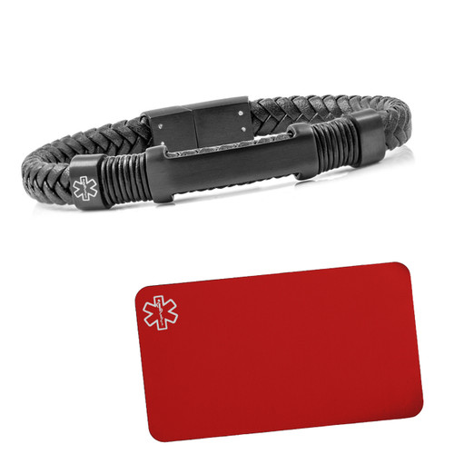Black Leather Medical Bracelet plus Engraved Wallet Card