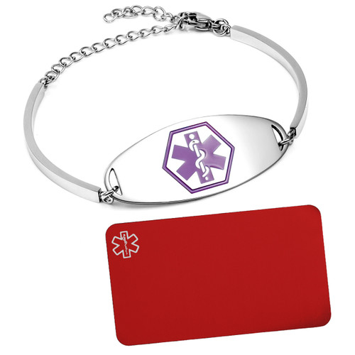 Silver with Purple Tag Medical Bracelet and Wallet Card Combo Engraved