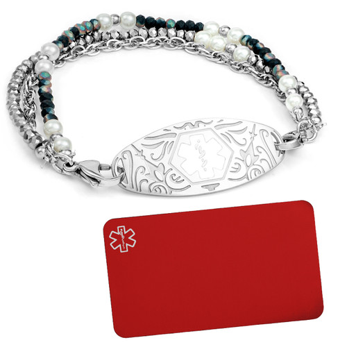 Shimmering Grey Beaded Medical Bracelet with Engraved Wallet Card